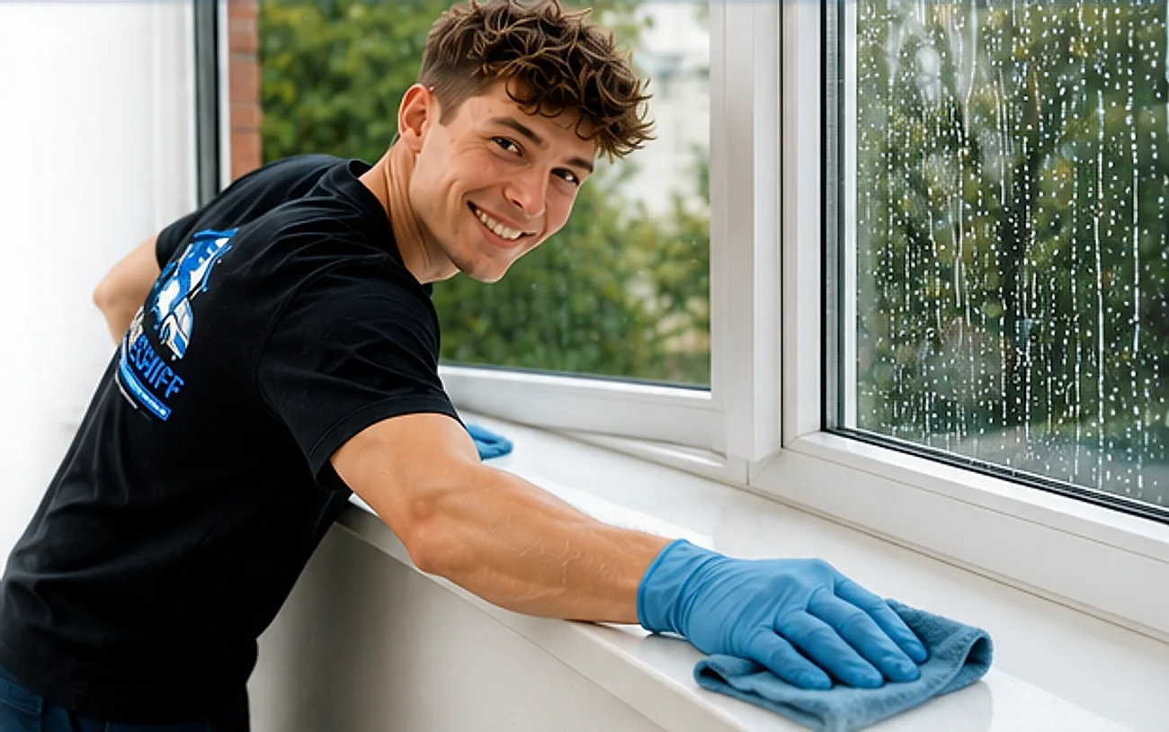Rahmen- und Fensterbankreinigung: Mitarbeiter von KLARSCHIFF wischt eine Fensterbank
