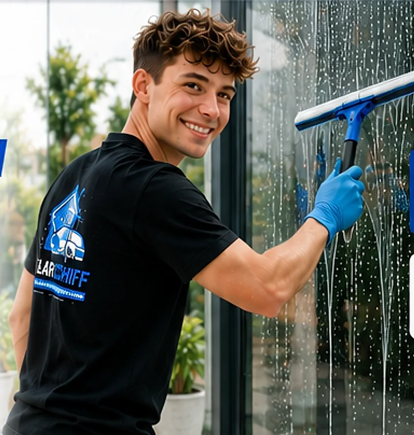Fensterreinigung für Gewerbekunden: Mitarbeiter von KLARSCHIFF reinigt die Glasfront eines Bürogebäudes