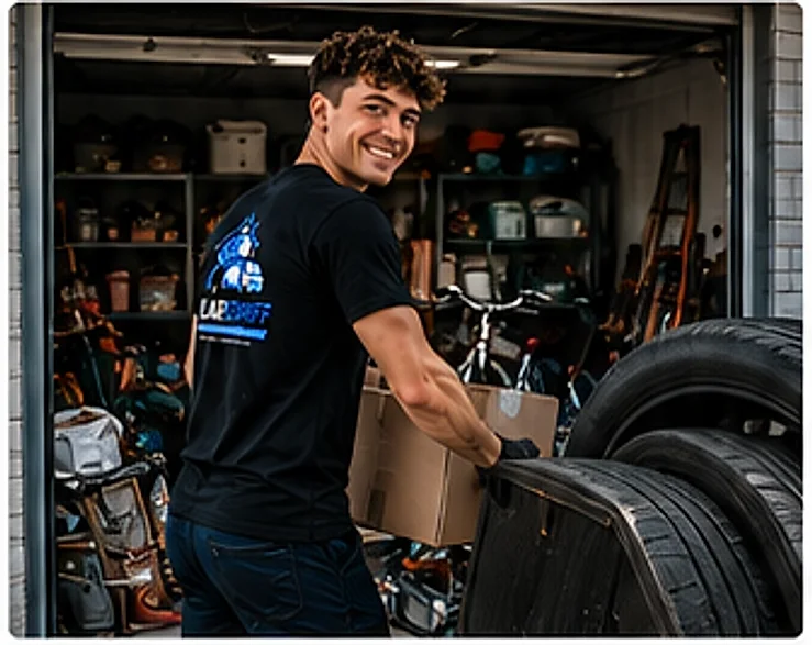 Mitarbeiter von KLARSCHIFF räumt Reifen und Kartons aus einer Garage