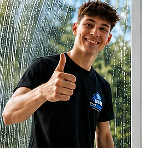 Mitarbeiter von KLARSCHIFF vor einem frisch gereinigten Fenster