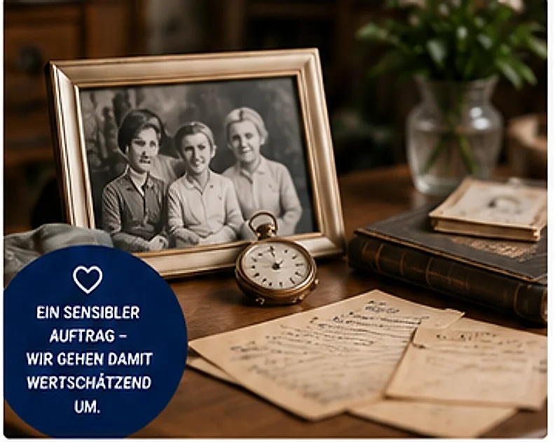 Alte Familienfotos, Briefe und eine Taschenuhr auf einem Tisch