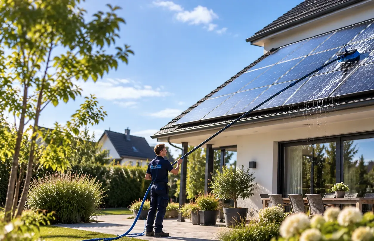 Mitarbeiter von KLARSCHIFF reinigt die Solarmodule auf einem Hausdach vom Boden aus mit einer Teleskop-Wasserbürste