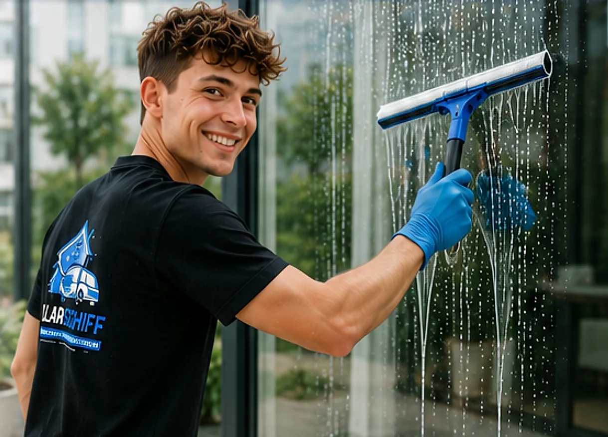 Regelmäßige Fensterreinigung: Mitarbeiter von KLARSCHIFF reinigt eine große Fensterfront
