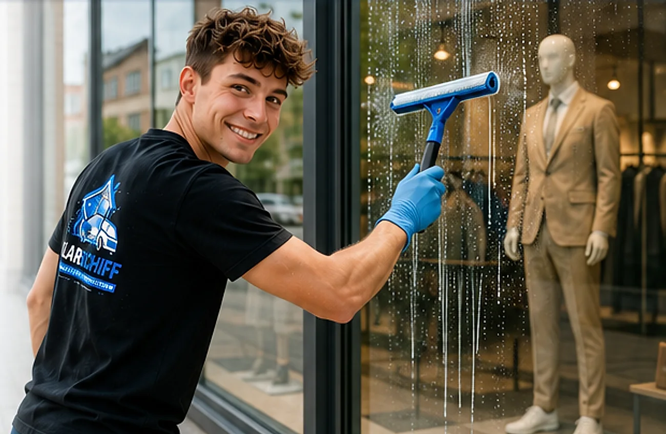 Mitarbeiter von KLARSCHIFF reinigt das Schaufenster eines Ladenlokals