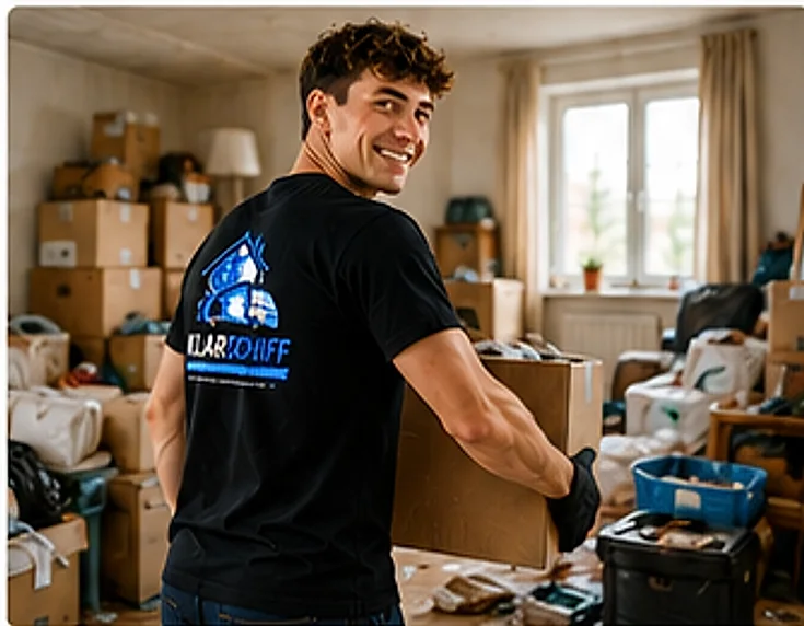 Mitarbeiter von KLARSCHIFF in einer vollgestellten Wohnung
