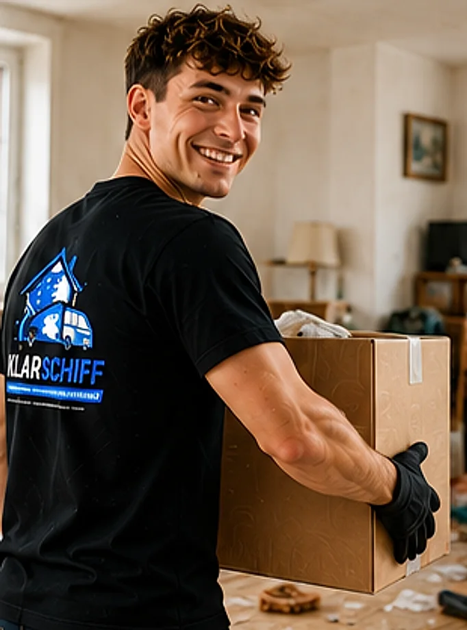Wohnungsentrümpelung: Mitarbeiter von KLARSCHIFF trägt einen Karton aus einer vollgestellten Wohnung