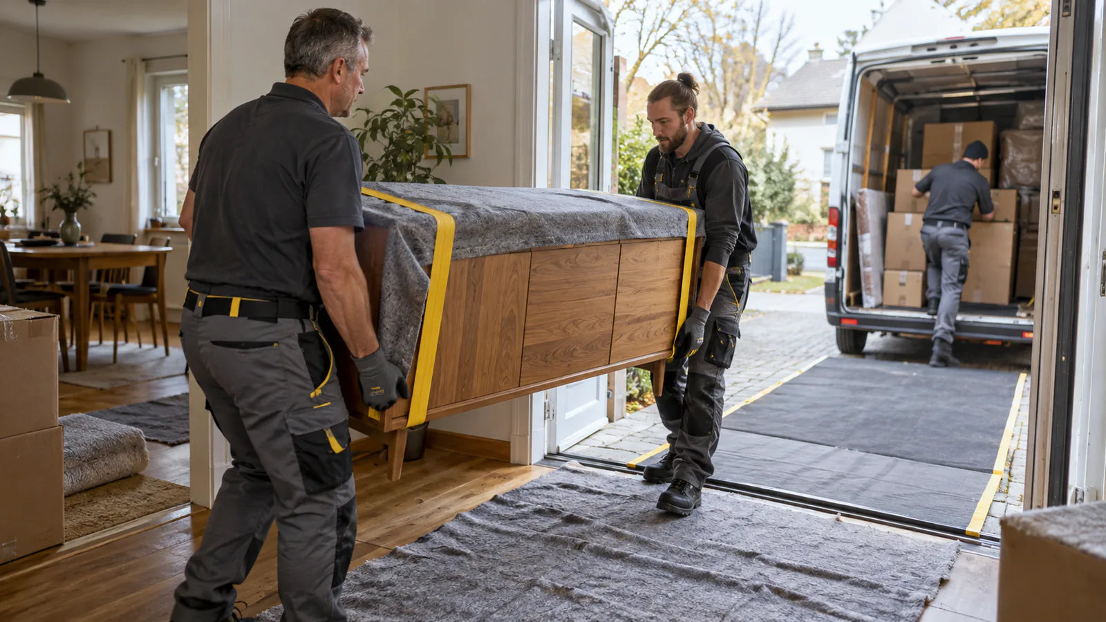 Räumungsteam transportiert ein geschütztes Sideboard zum Fahrzeug