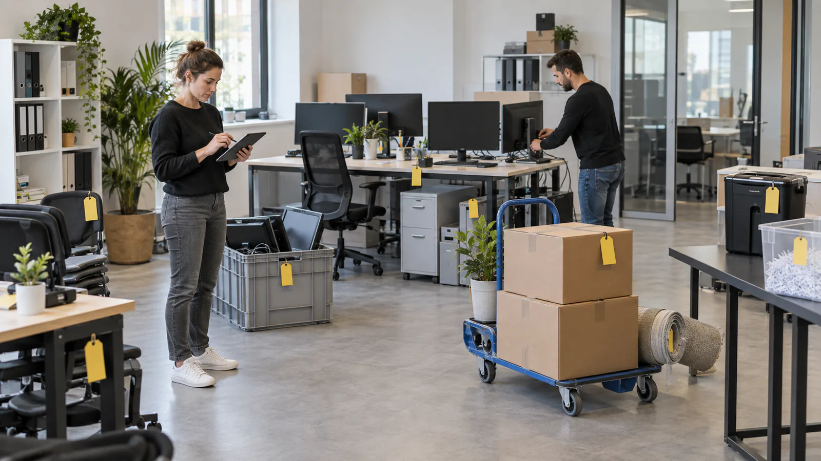 Büroinventar wird gekennzeichnet und für den Abtransport sortiert