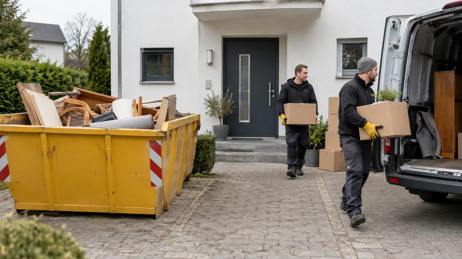 Container und Räumungsteam vor einem Wohnhaus