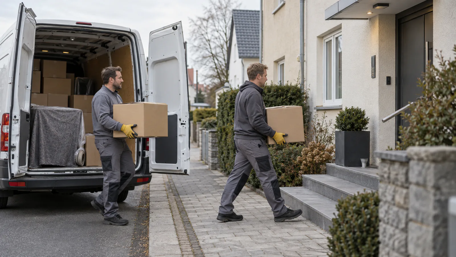 Unbeschriftetes Räumungsfahrzeug und geschlossene Kartons vor einem Wohnhaus