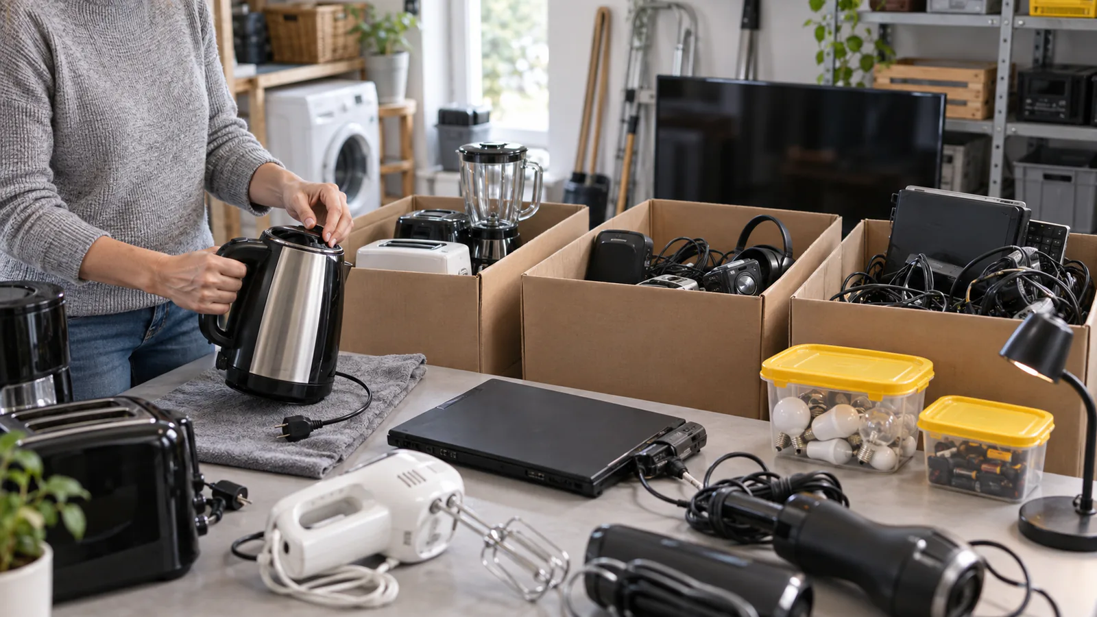 Elektrogeräte werden für Wiederverwendung und Entsorgung vorsortiert