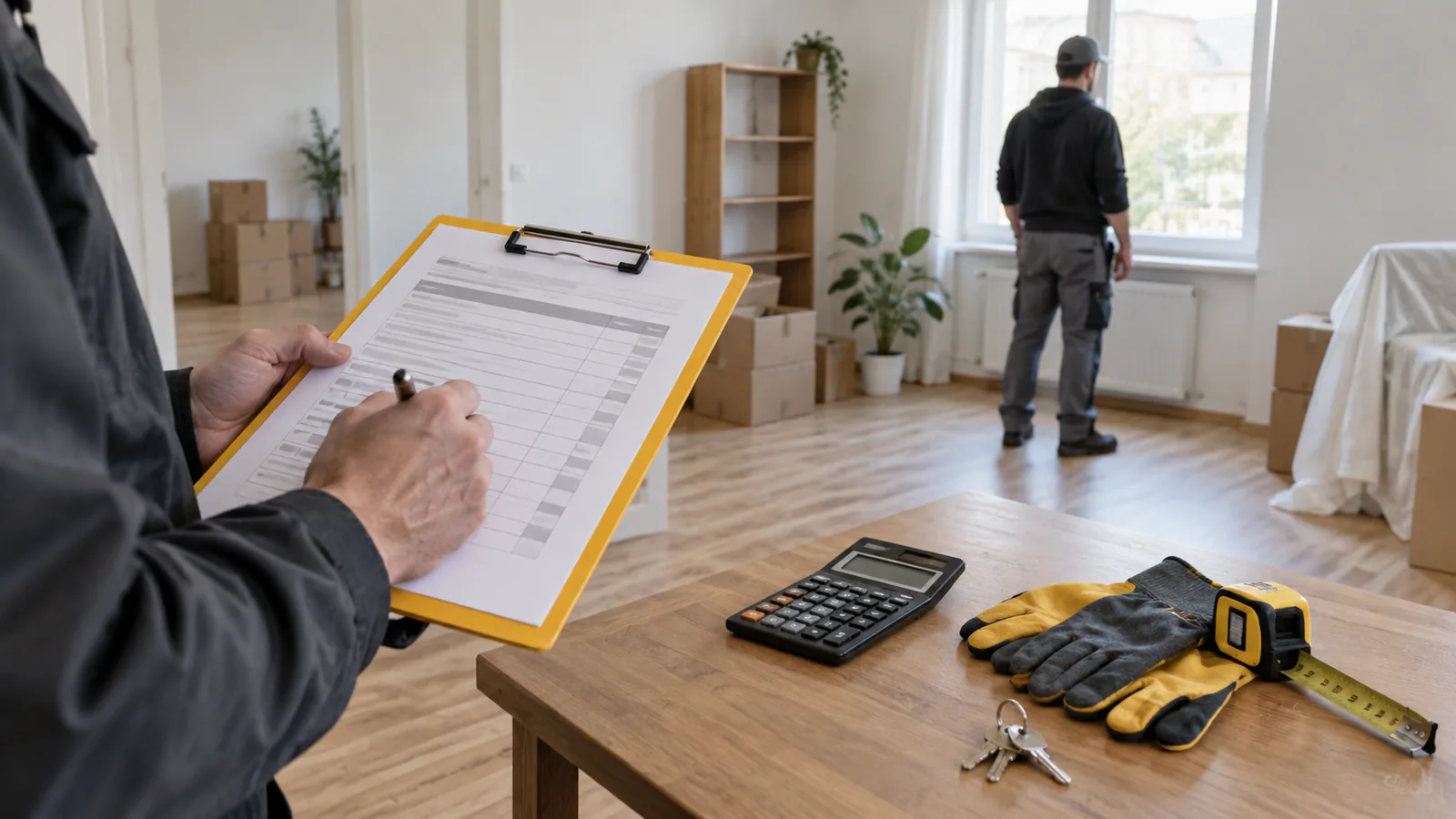 Festpreisangebot und Arbeitsmaterial in einer teilgeräumten Wohnung
