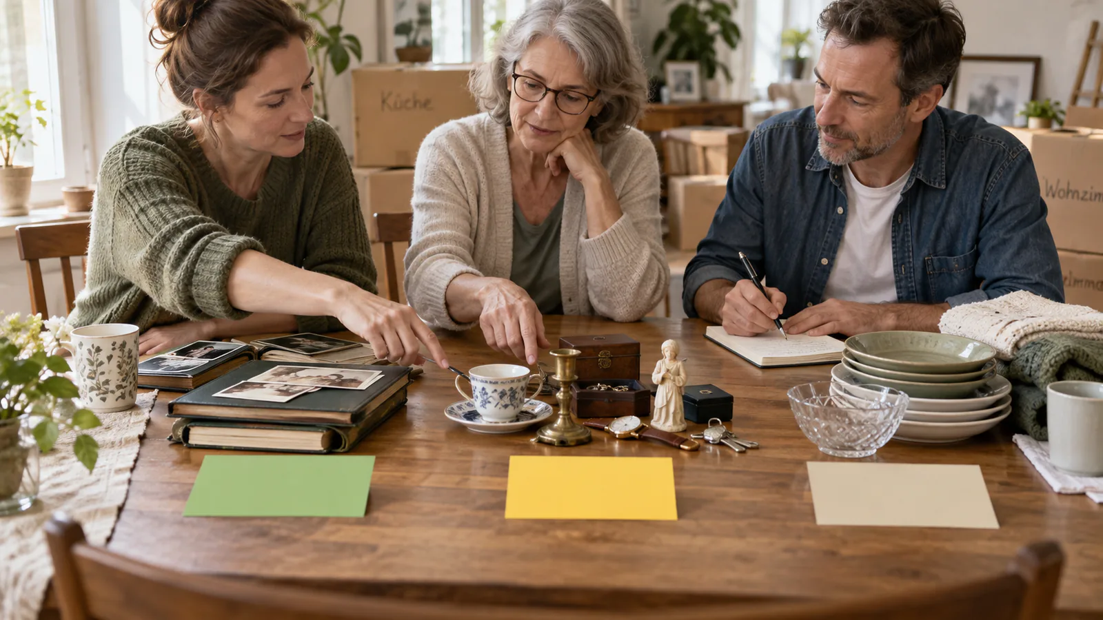 Eine Familie stimmt die Aufteilung von Hausrat am Tisch ab