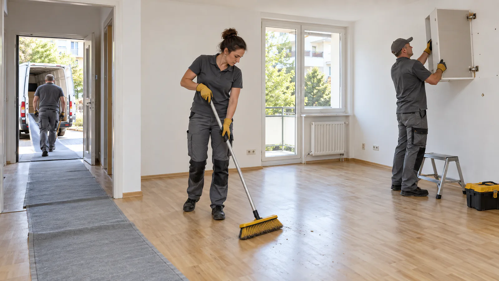 Räumungsteam demontiert einen Schrank und reinigt die leere Wohnung
