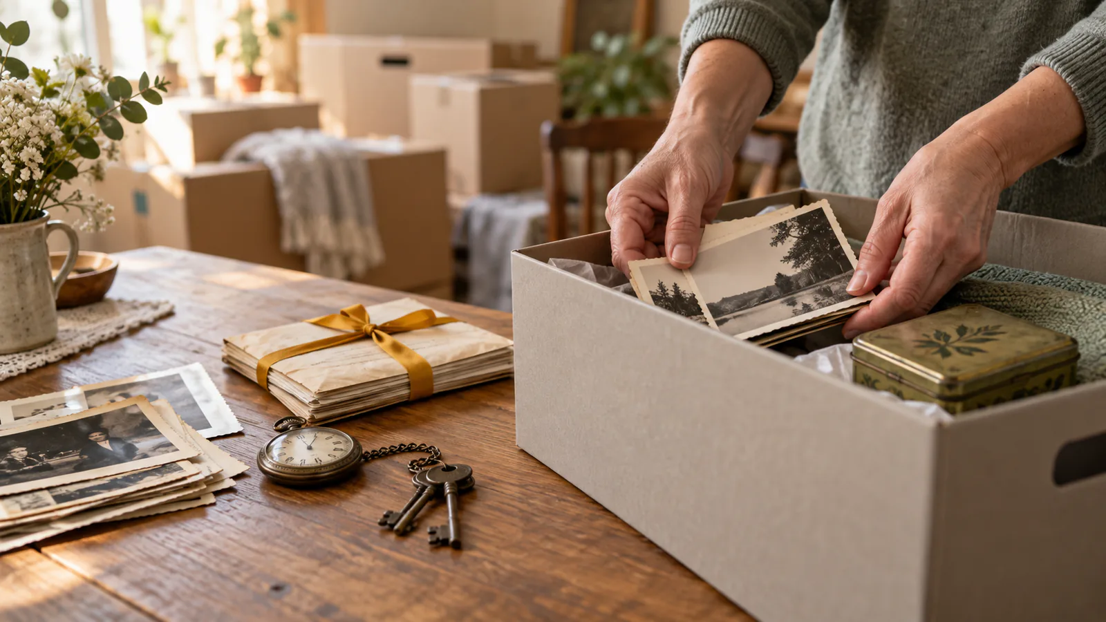 Erinnerungsstücke und Familienfotos werden behutsam in eine Box gelegt