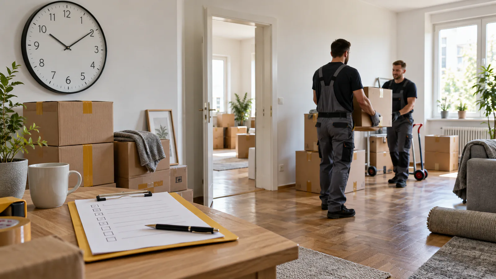 Zwei Räumungshelfer arbeiten mit Checkliste und sichtbarer Wanduhr