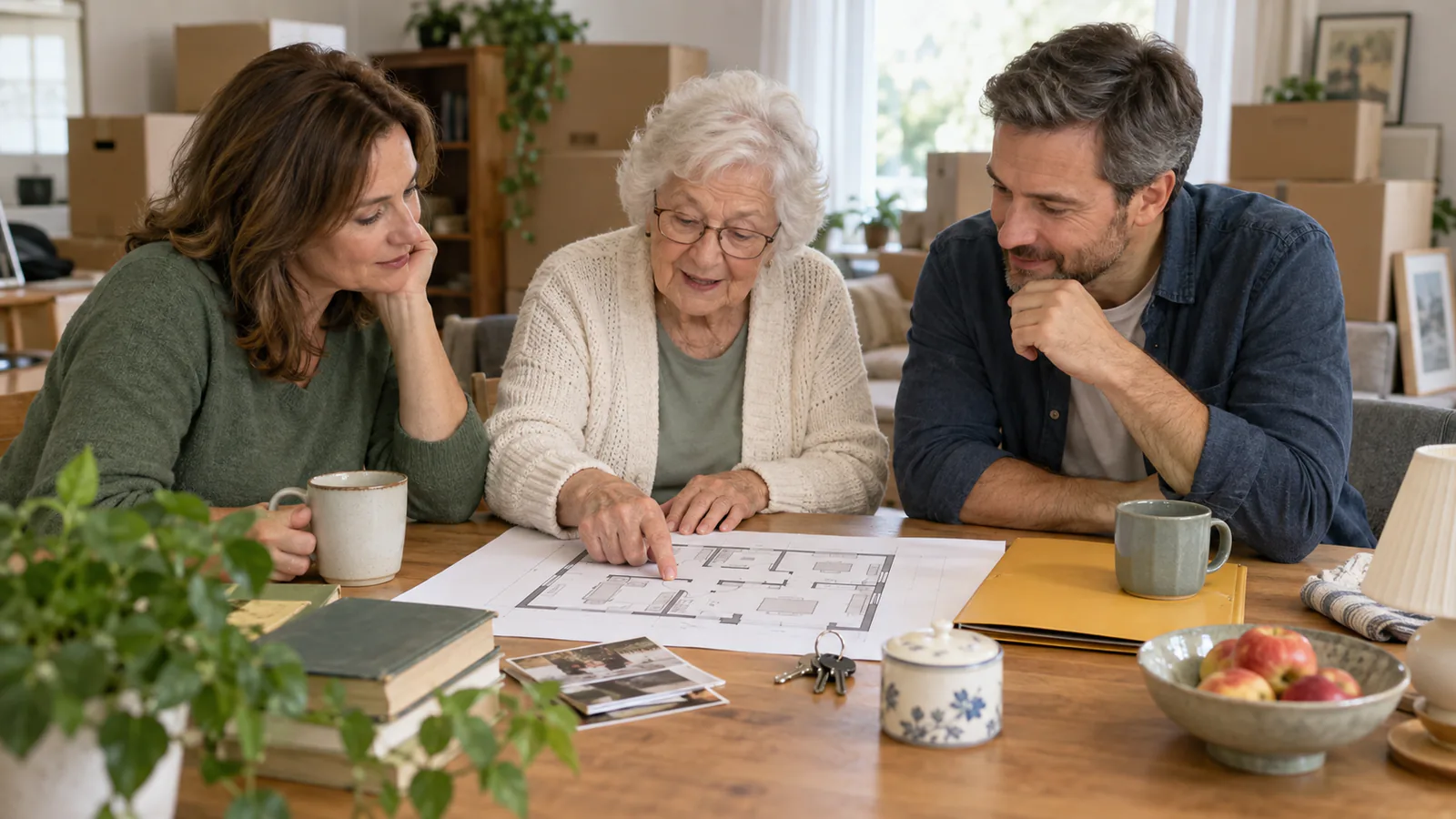 Seniorin plant gemeinsam mit Angehörigen den Umzug