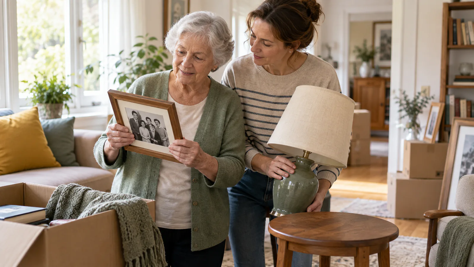 Seniorin und Angehörige wählen Erinnerungsstücke für den Umzug aus