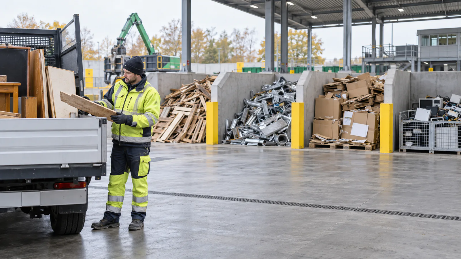 Holz, Metall, Pappe und Elektrogeräte werden auf einem Recyclinghof getrennt