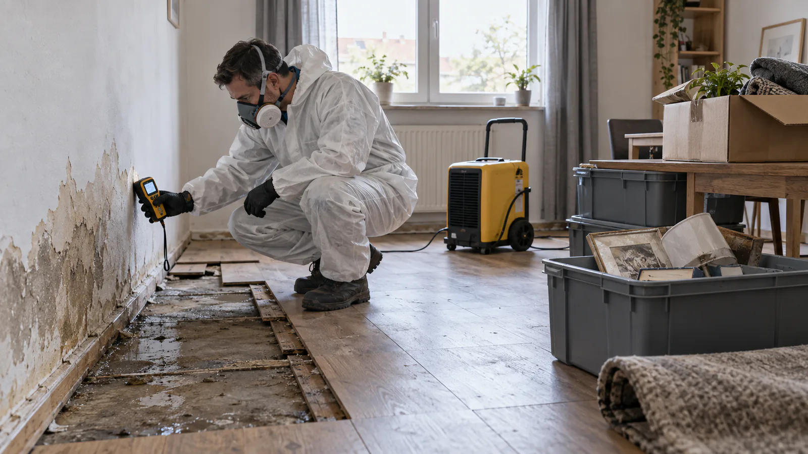 Fachkraft prüft einen Wasserschaden in einem geräumten Wohnraum