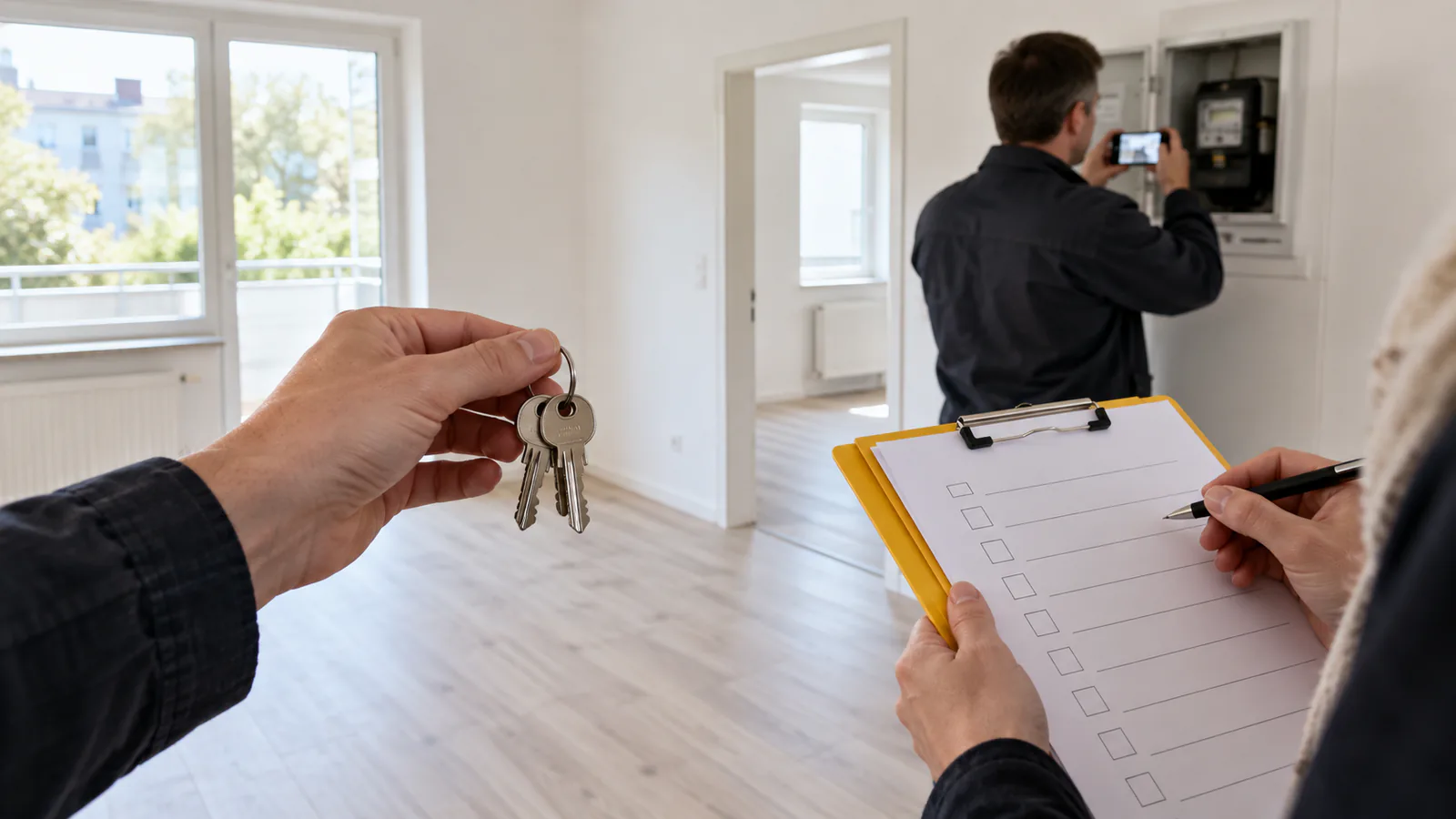 Schlüsselübergabe mit Checkliste in einer leeren Wohnung